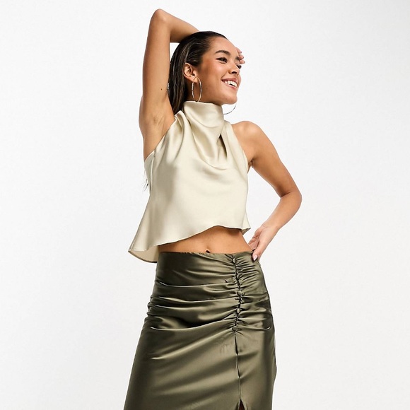 Asos Satin Beige Tie Halter Top - Picture 2 of 3